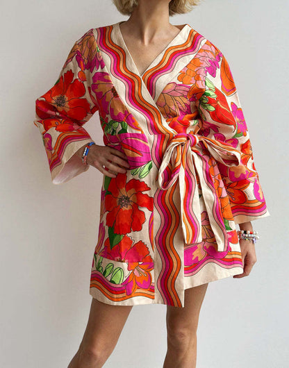 Elegant Linen Loose-fit Tie-up Dress