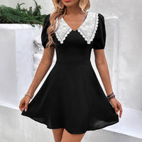European And American Color-Block Doll Collar Puff-Sleeve Dress