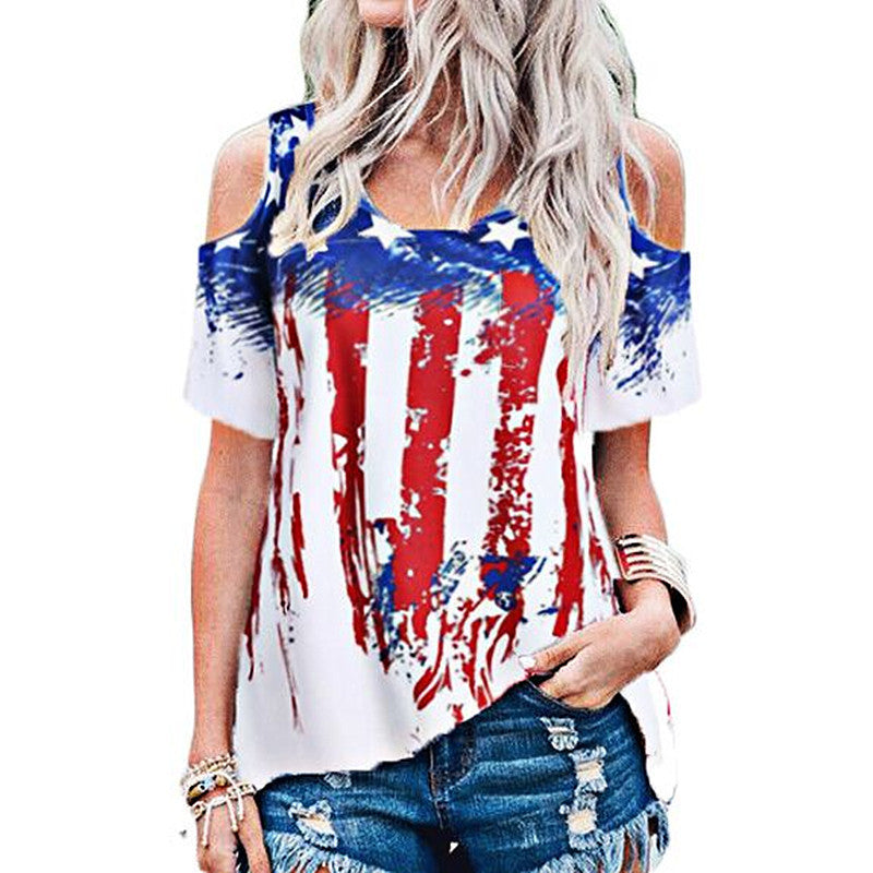 Star Print Off-shoulder Short-sleeved Plus Size T-shirt Casual Top