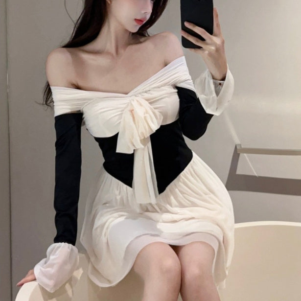 Womens Court-Style Off-the-Shoulder Flared-Sleeve Dress
