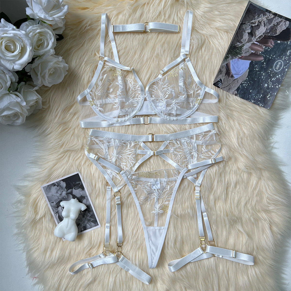 Women's Embroidered Garter Mesh Underwear