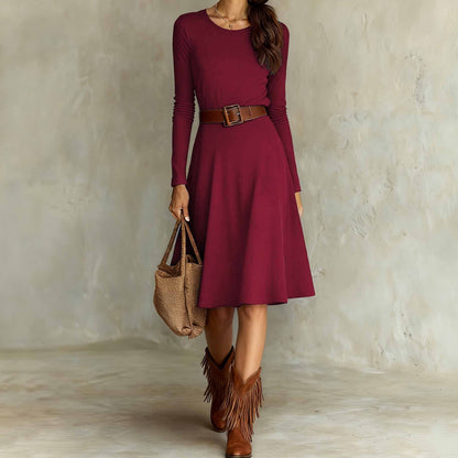 Elegant Western-style Crew-neck Long-sleeve Dress Springautumn