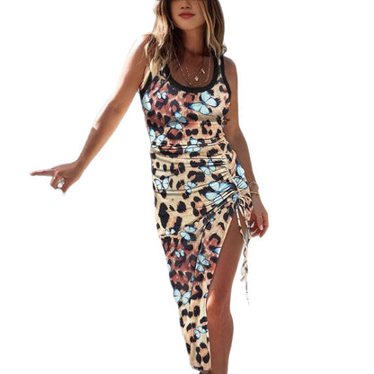 Contrast-color Ribbed Print Drawstring Dress