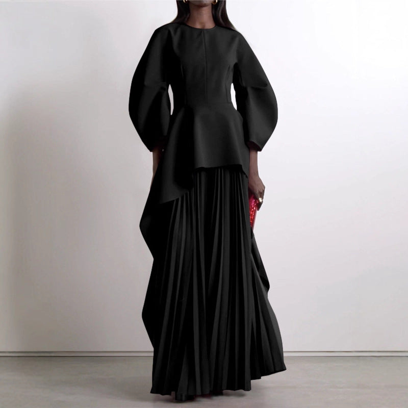 Pleated Solid-color Patchwork Layered Long-sleeve Loose Crew-neck Maxi Dress