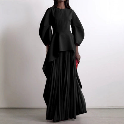 Pleated Solid-color Patchwork Layered Long-sleeve Loose Crew-neck Maxi Dress