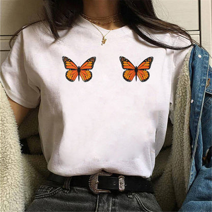 Printed White Ladies Casual Loose Personality Short Sleeves