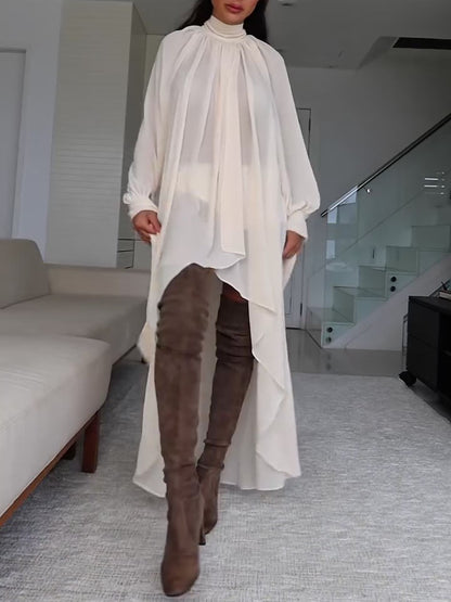 Ivory Turtleneck Asymmetric High-Low Cape Maxi Dress