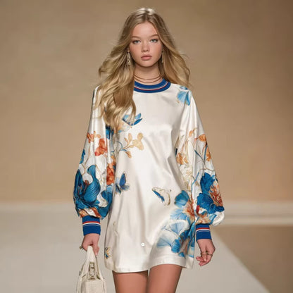 Satin Positioning Printed Lantern Sleeve Dress
