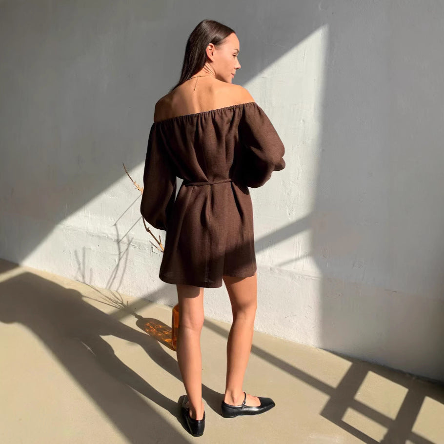 Brown Puff-sleeve Off-the-shoulder Pure Cotton Long-sleeve Dress