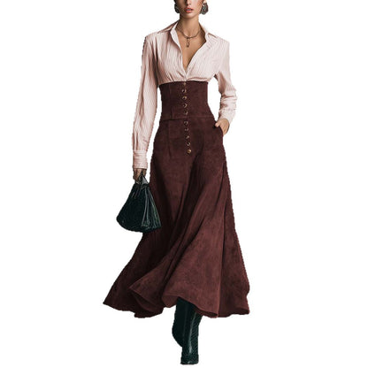 Elegant Shirt Paired With A Patchwork Flared A-line Skirt