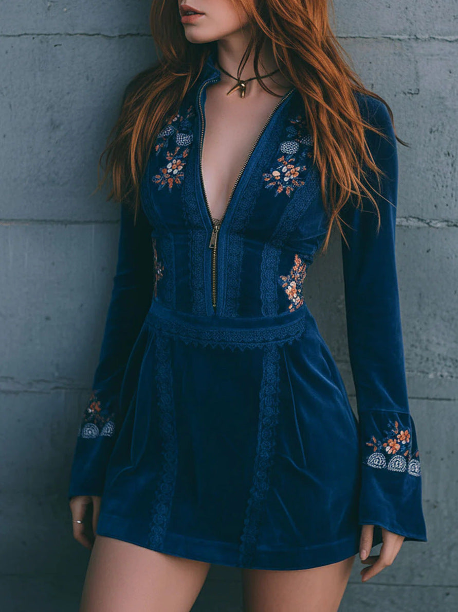 Female Zipper V-neck Blue Embroidered Dress