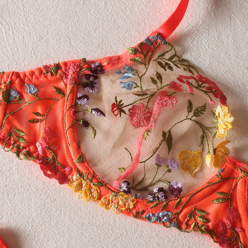 Flowers See-through Embroidered Ribbon Steel Ring Underwear Suit