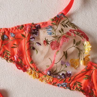 Flowers See-through Embroidered Ribbon Steel Ring Underwear Suit
