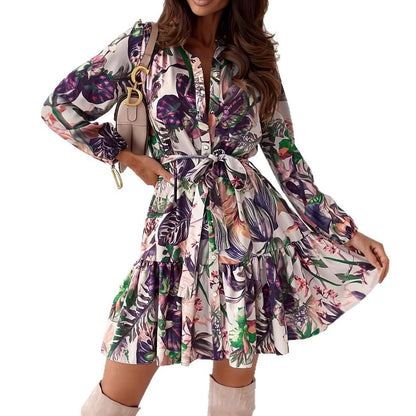 Womens Floral Print Lace-Up Dress With Ruffled Hem