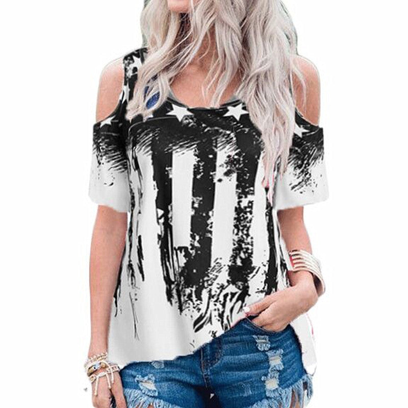 Star Print Off-shoulder Short-sleeved Plus Size T-shirt Casual Top
