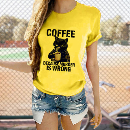 Cat Cute Print T-shirt Round Neck Short Sleeve Top