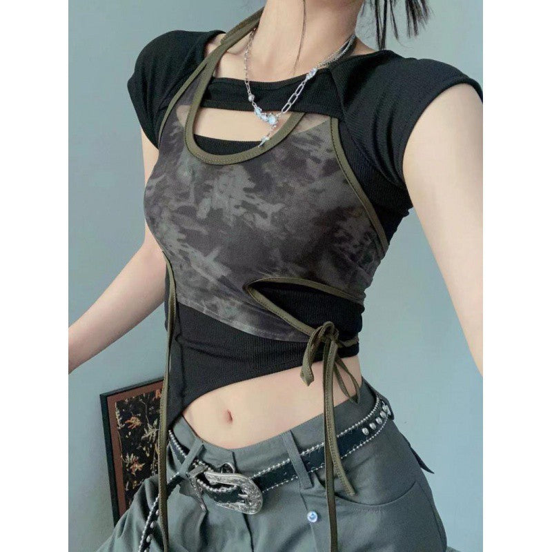 Retro Hot Girl Printed Top Summer Design Sense Niche Chic Short Sleeve Strappy