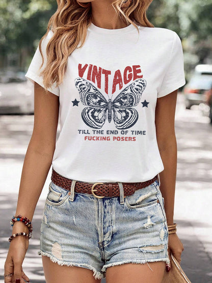 Women's Minimalist Printed Casual Round Neck Short Sleeved Shirt