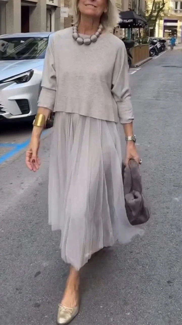 Womens French-Style Retro Elegant Casual Patchwork Solid-Colored Mesh Dress