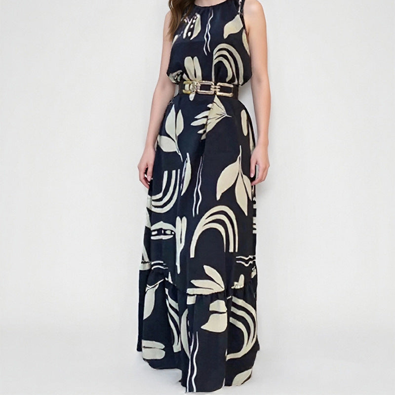 Printed Neck Hanging Sleeveless Waist Cinching Slim Fit Dress