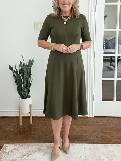 Womens Solid-Color Crew-Neck Short-Sleeve Dress
