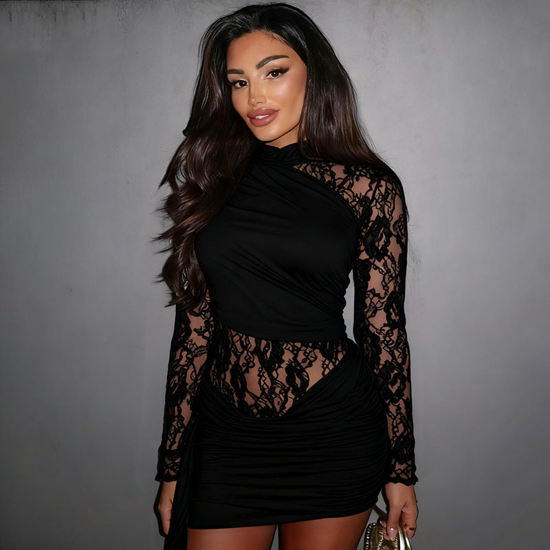 Womens Solid-Colored Patchwork Lace Dress