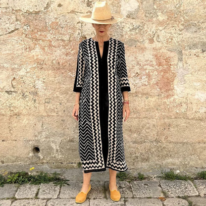 Womens Printed Crew-Neck Long-Sleeve Patchwork Casual Fashion Dress