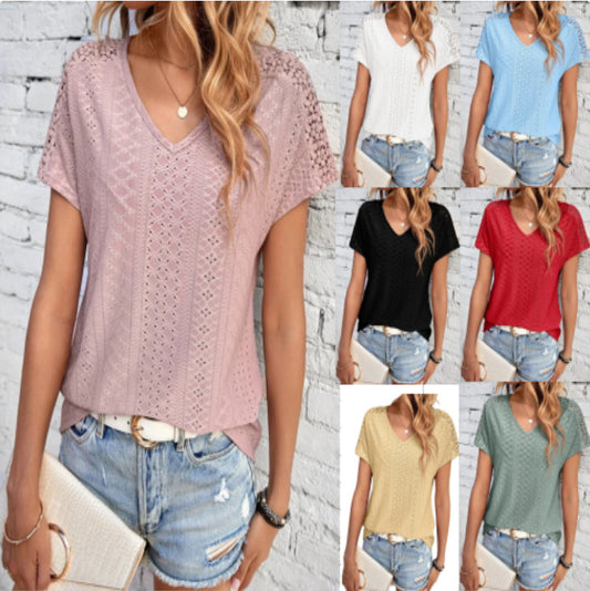 Women's Solid Color And V-neck Top Hollow Mesh Short Sleeve