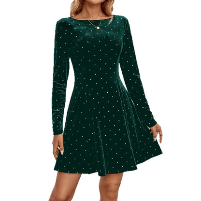 Womens French-Style Retro Diamond-Embellished Waist-Cinching Slimming Dress