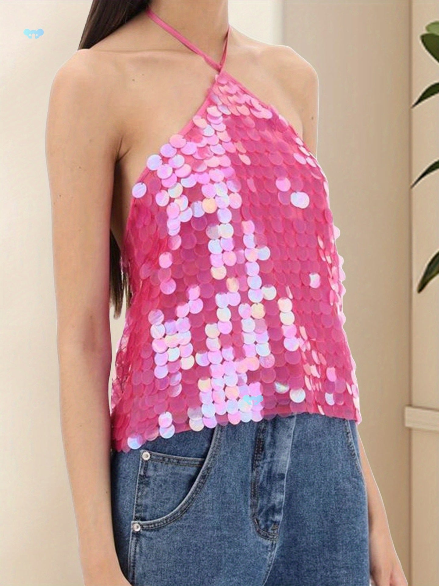 Women's Vibrant Yellow Sequin Halter Neck Camisole Top