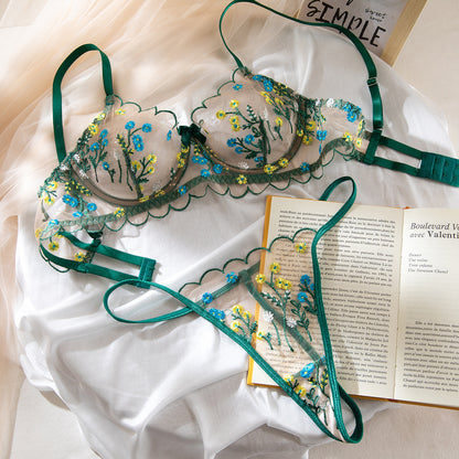 Ultra-thin Single Layer Floral Embroidered Underwear Suit