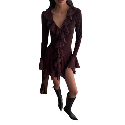 Elegant Solid-Color Short Dress With A Deep V-Neck Ruffled Hem And Patchwork Design
