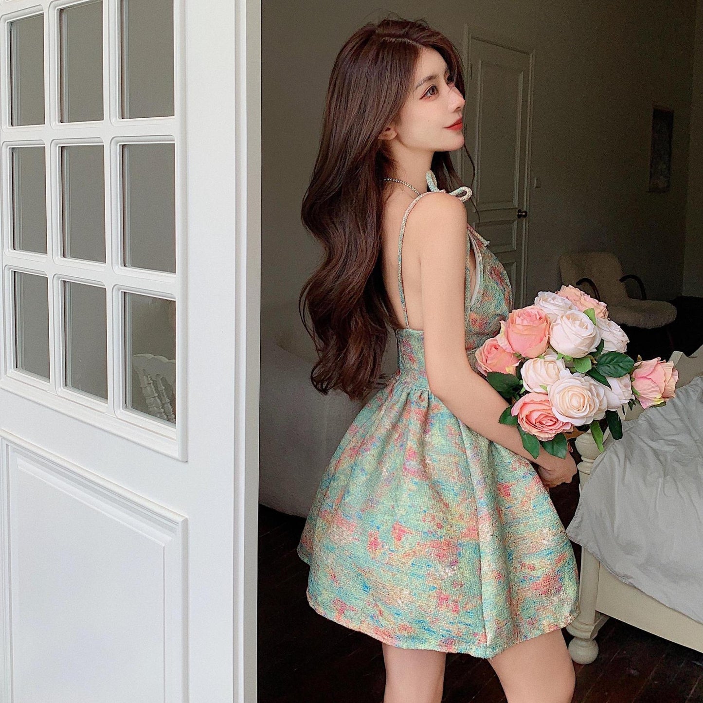 Retro Oil Painting Style Printed Camisole Bodycon Dress