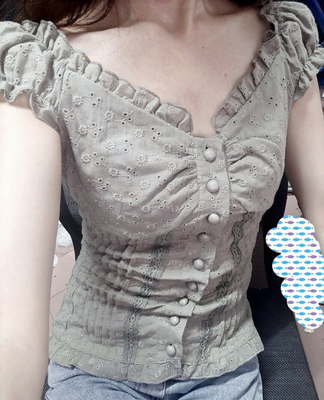 New Women's Pleated Shoulder Low Neck Button Folding Lace Tight Top