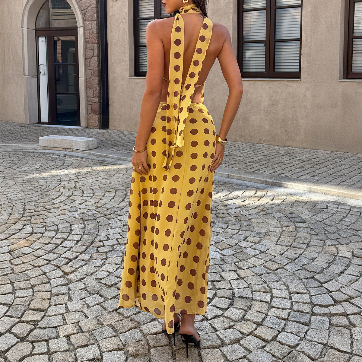 SpringSummer Retro Elegant Neck-Close Deep V-Polka-Dot Dress