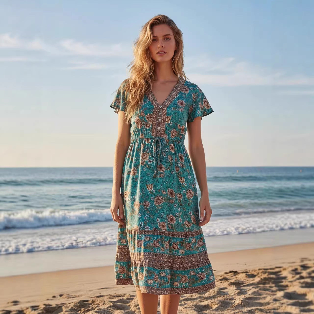 Womens Casual V-Neck Printed Dress