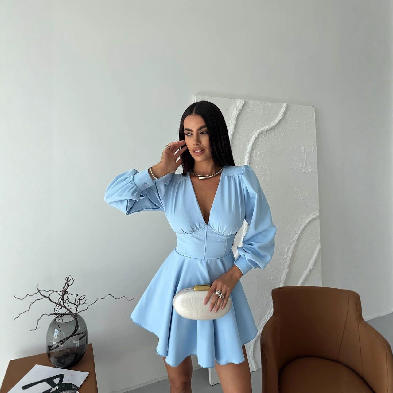 V-neck Puff-sleeve High-waisted A-line Elegant Dress