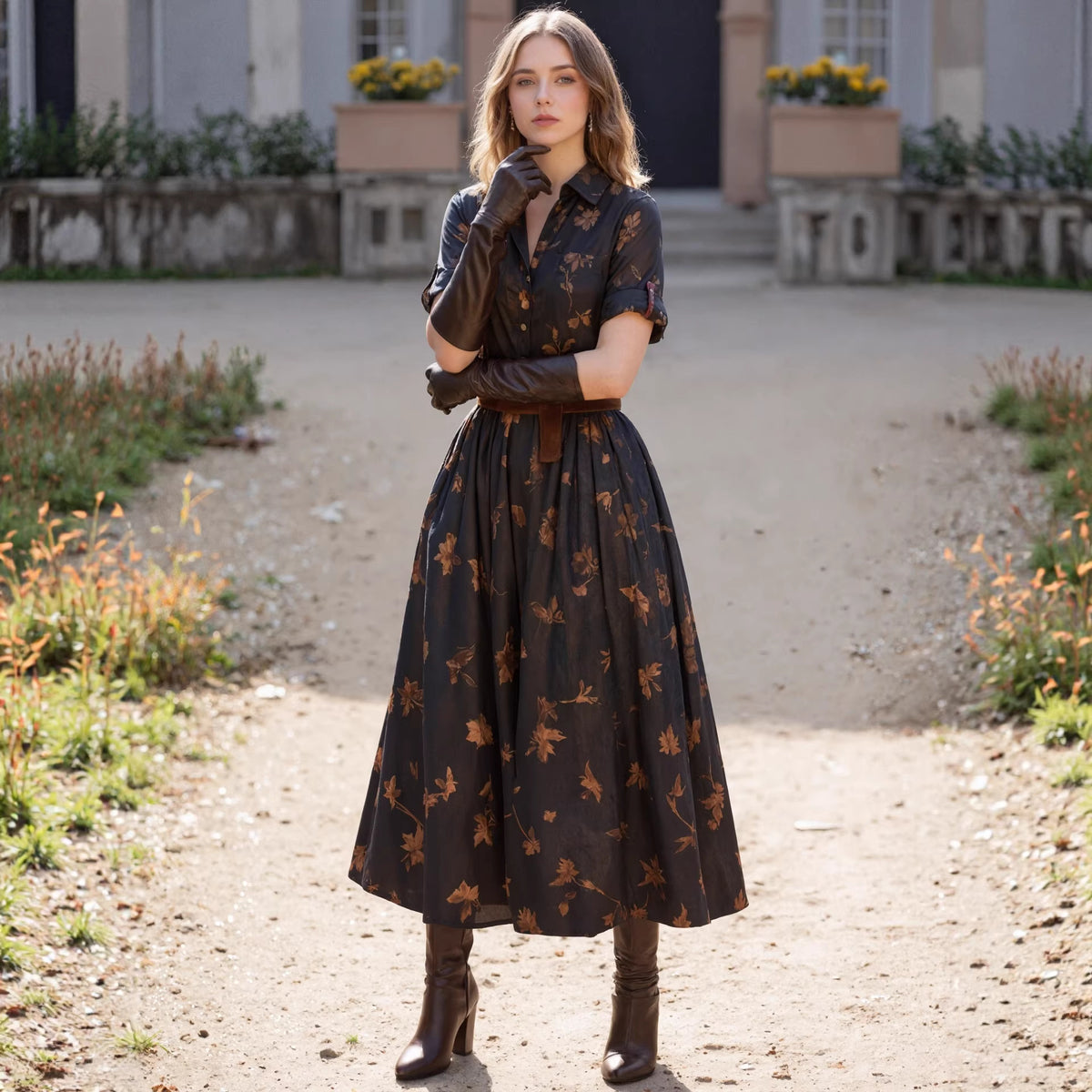 Womens Casual Retro Printed Waist-Cinching Short-Sleeve Dress