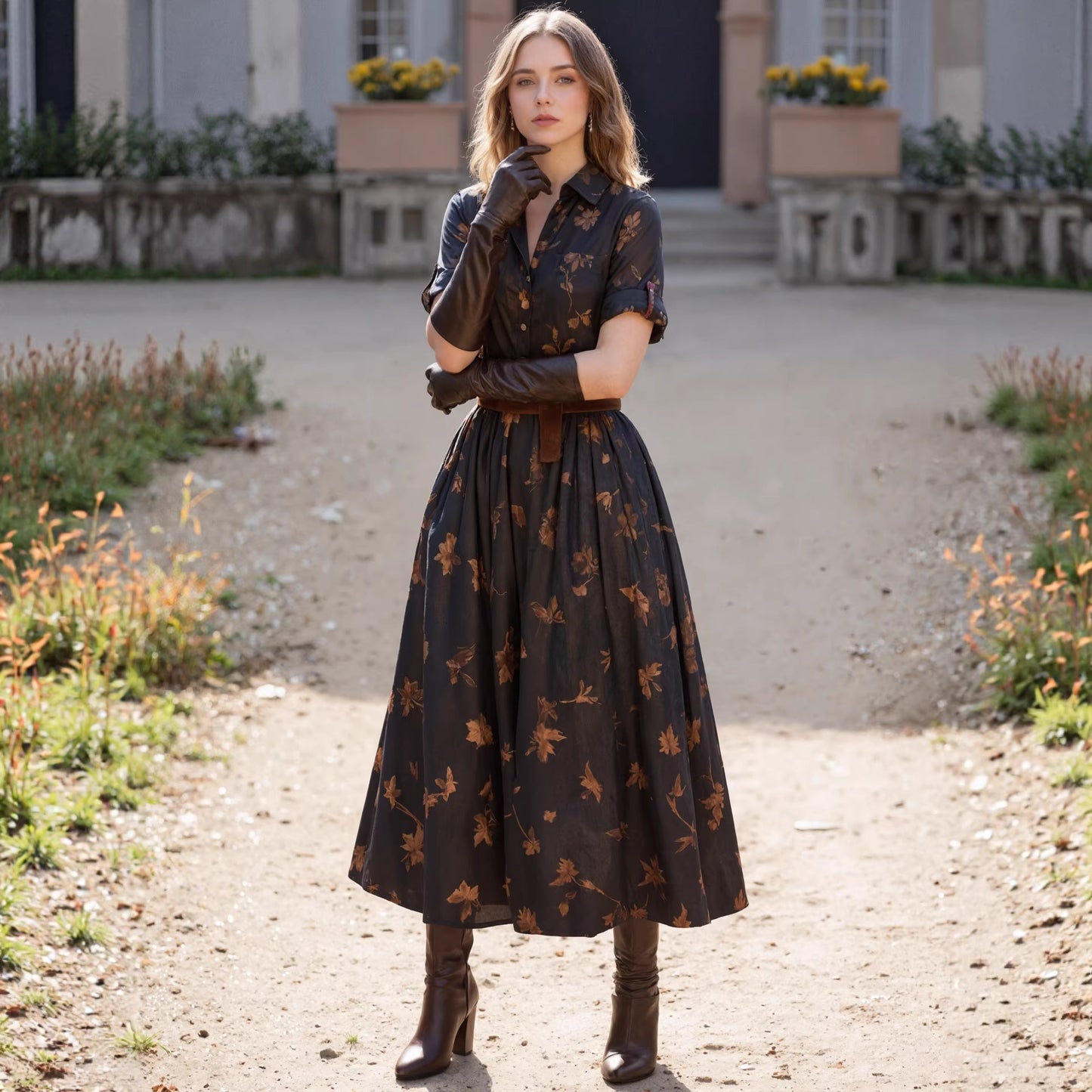 Womens Casual Retro Printed Waist-Cinching Short-Sleeve Dress
