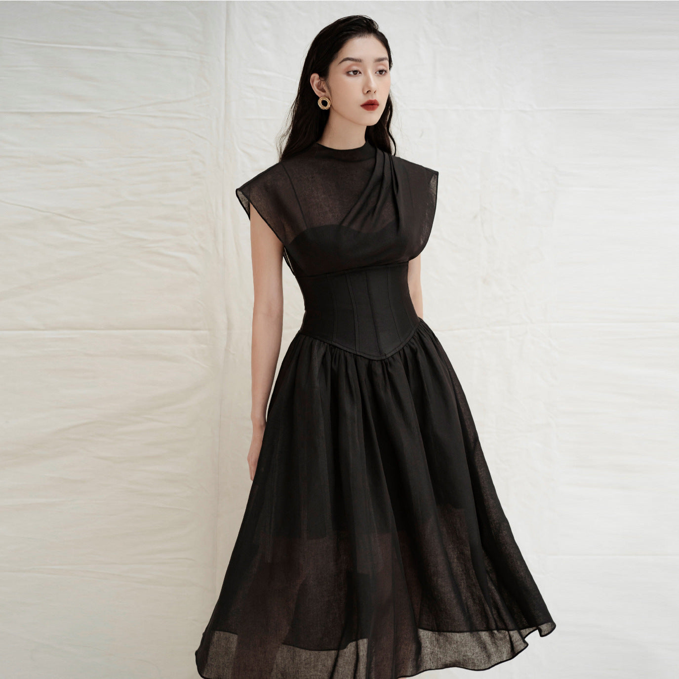 Womens Solid-Color Pleated High-Waist Black Sheer Dress That The