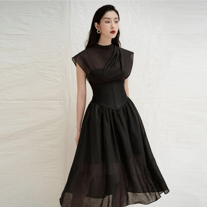 Womens Solid-Color Pleated High-Waist Black Sheer Dress That The