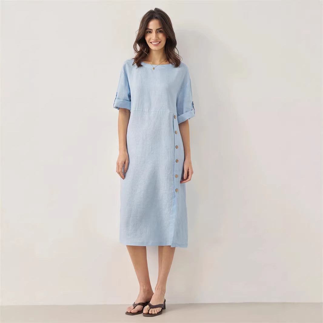 Casual Cotton-Linen Dress With Buttoned Slit And Round Neck