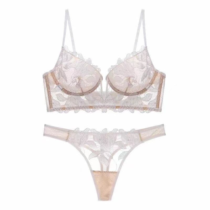 European And American Underwear Gathered Deep V Three-dimensional Embroidery Mesh