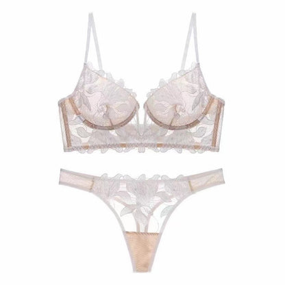 European And American Underwear Gathered Deep V Three-dimensional Embroidery Mesh