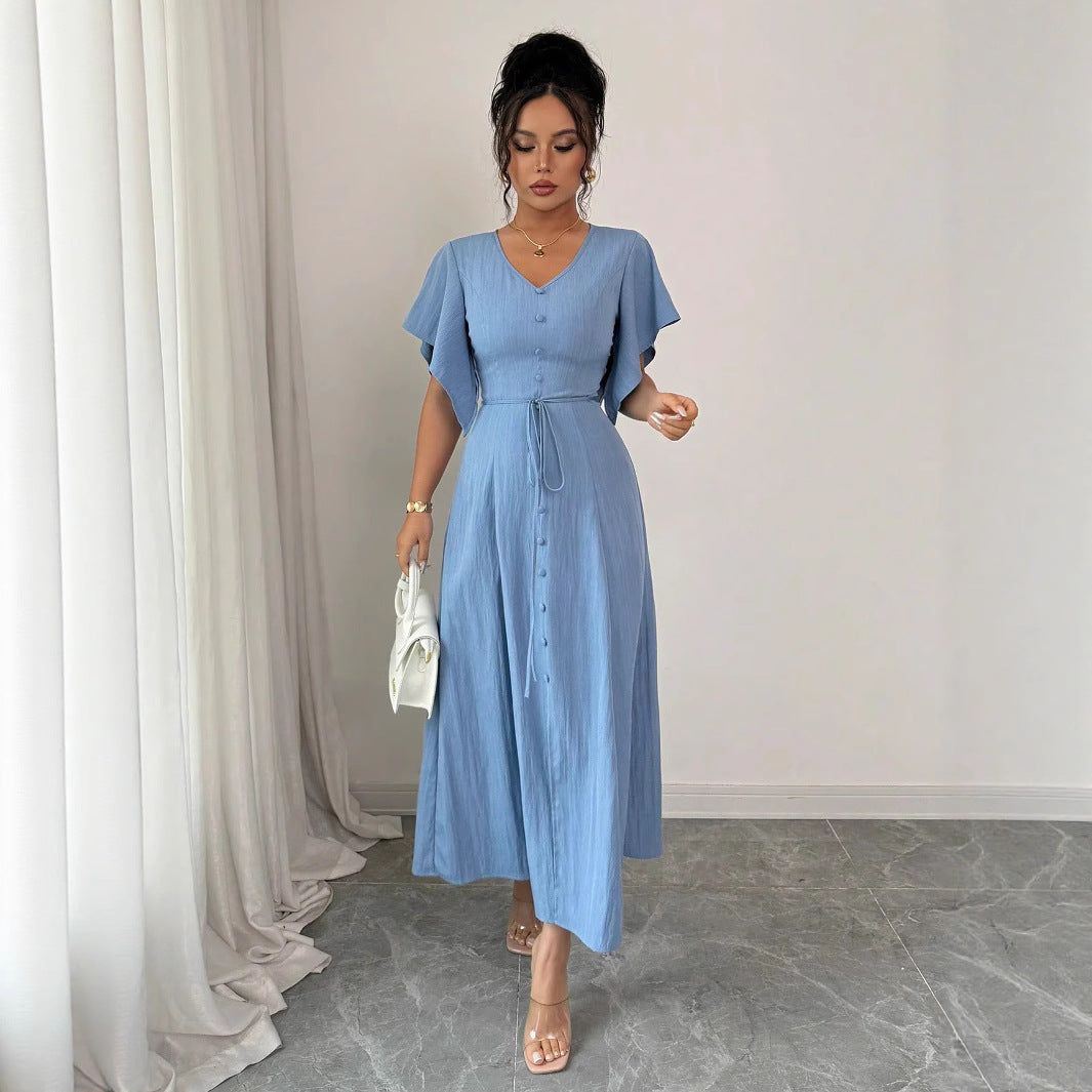 Elegant French-inspired High-end Blue V-neck Belted Maxi Dress