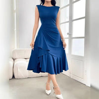 Womens Solid-Color Crew-Neck Sleeveless Dress With Ruffled Hem