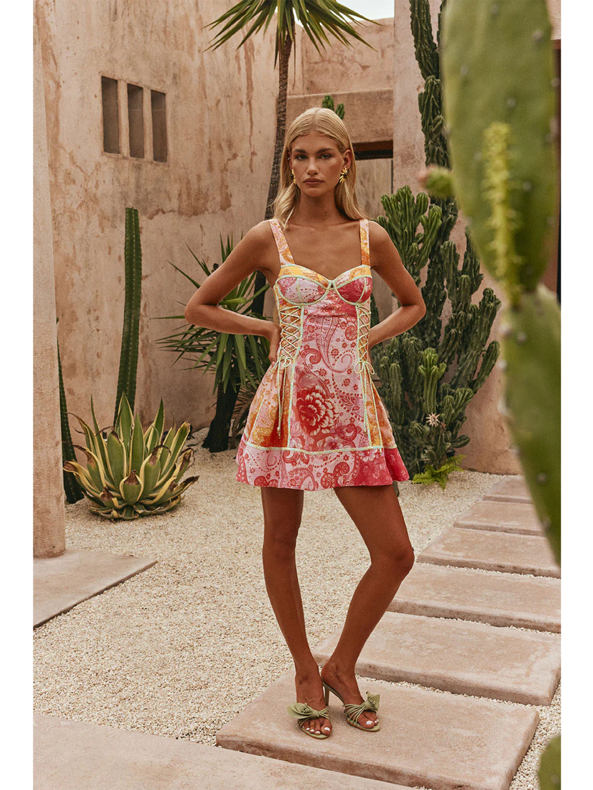 Digital Positioning Printed Lace Up Short Dress