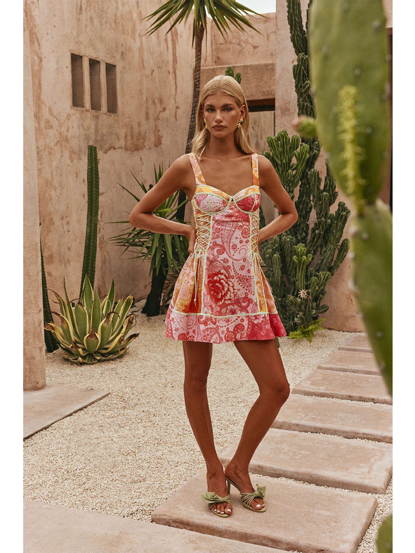 Digital Positioning Printed Lace Up Short Dress