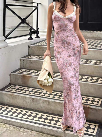 Floral Print Dress With Ruching Flattering Spaghetti Strap Bodycon Maxi Skirt