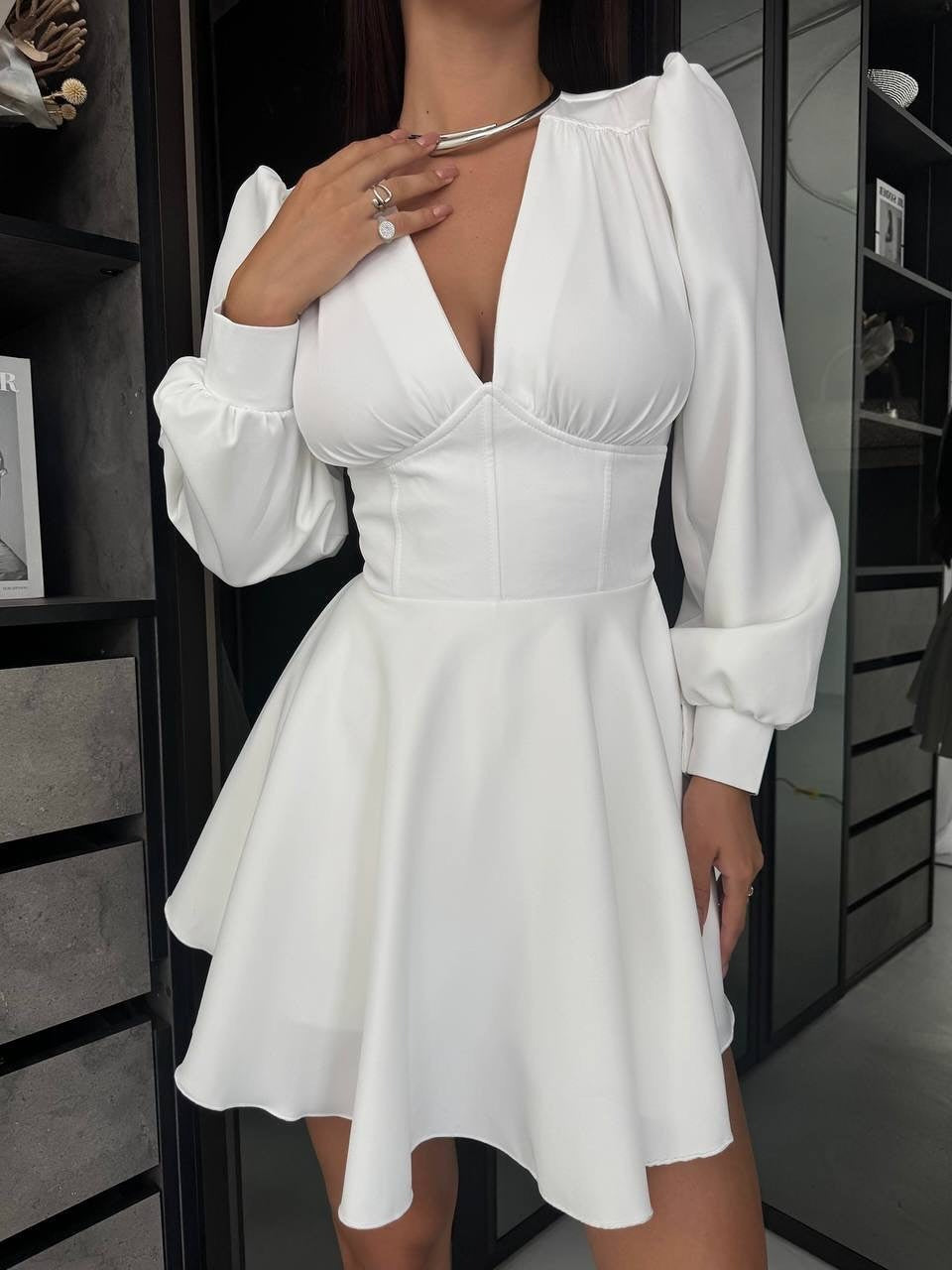 V-neck Puff-sleeve High-waisted A-line Elegant Dress